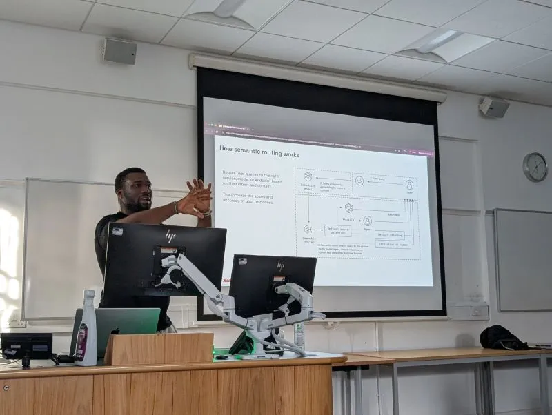 Samuel presenting a slide on how semantic routing works.